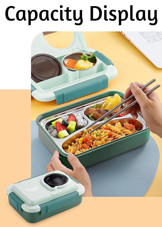 Stainless Steel Lunch Box with 3 Compartments & Steel Cutlery