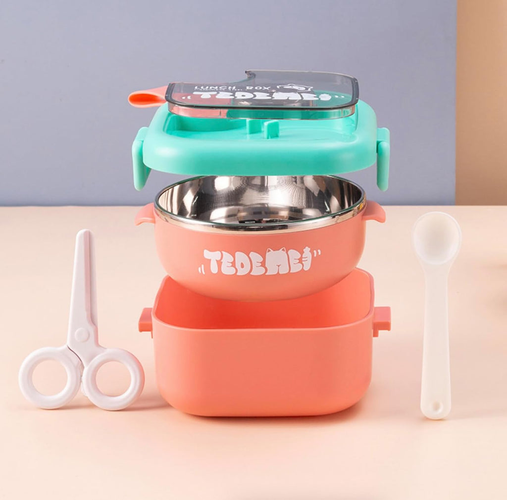 Stainless Steel Children's Insulated Baby Food Bowl with Spoon and Scissors