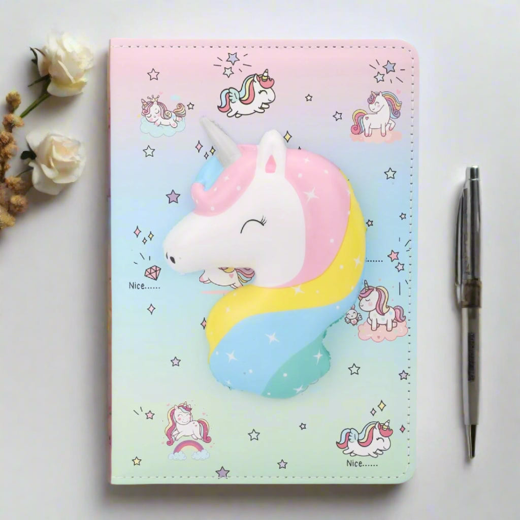 Unicorn-themed diary with pastel colors on a white background