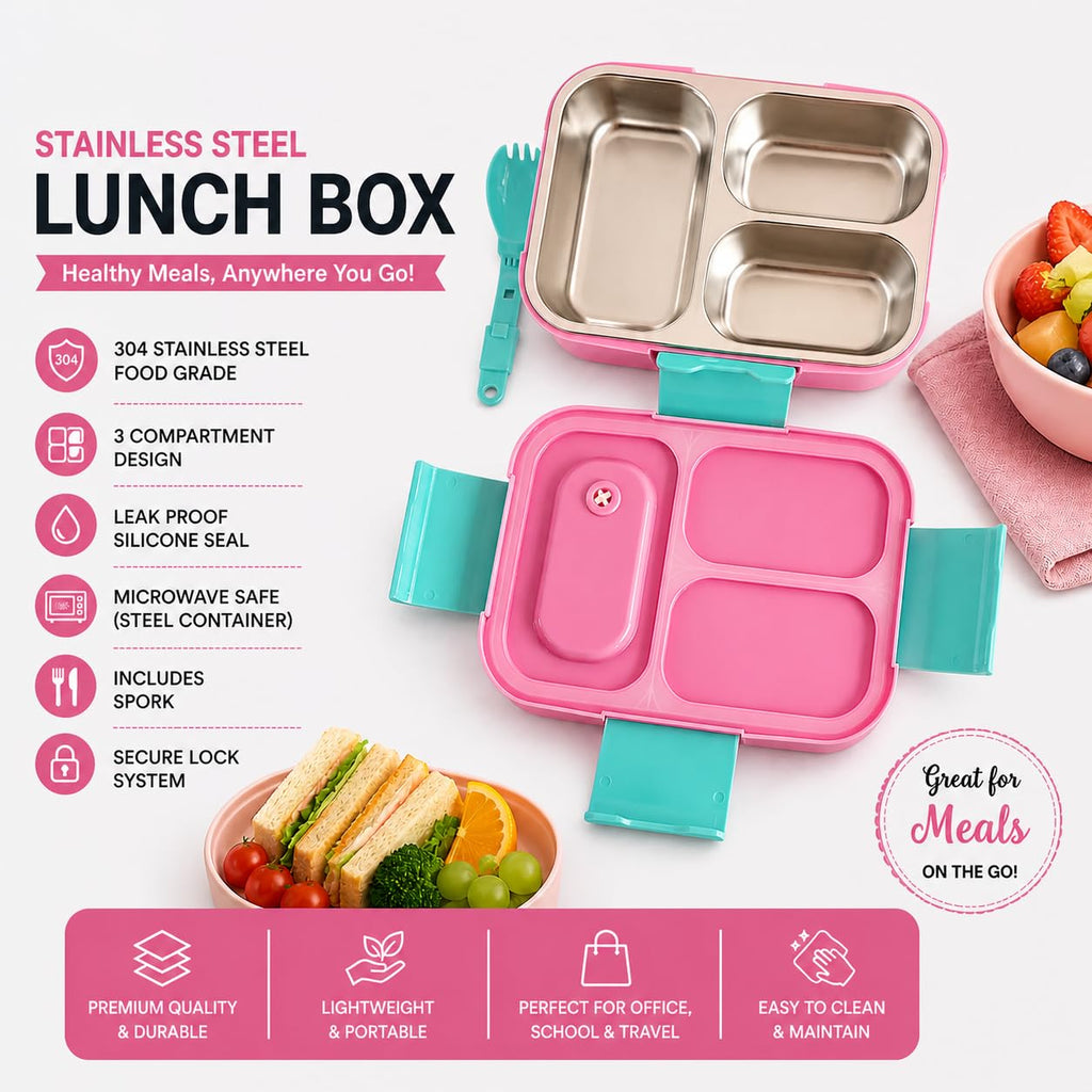 Stainless Steel Lunch Box 3 Grid 700 ML and 750 ML for Kids