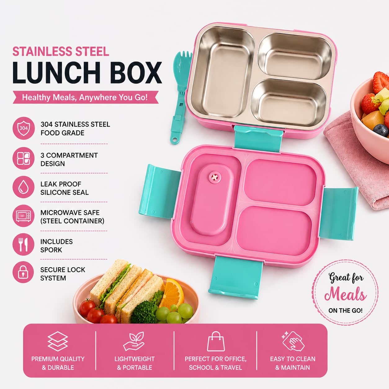 Stainless Steel Lunch Box 3 Grid 700 ML and 750 ML for Kids