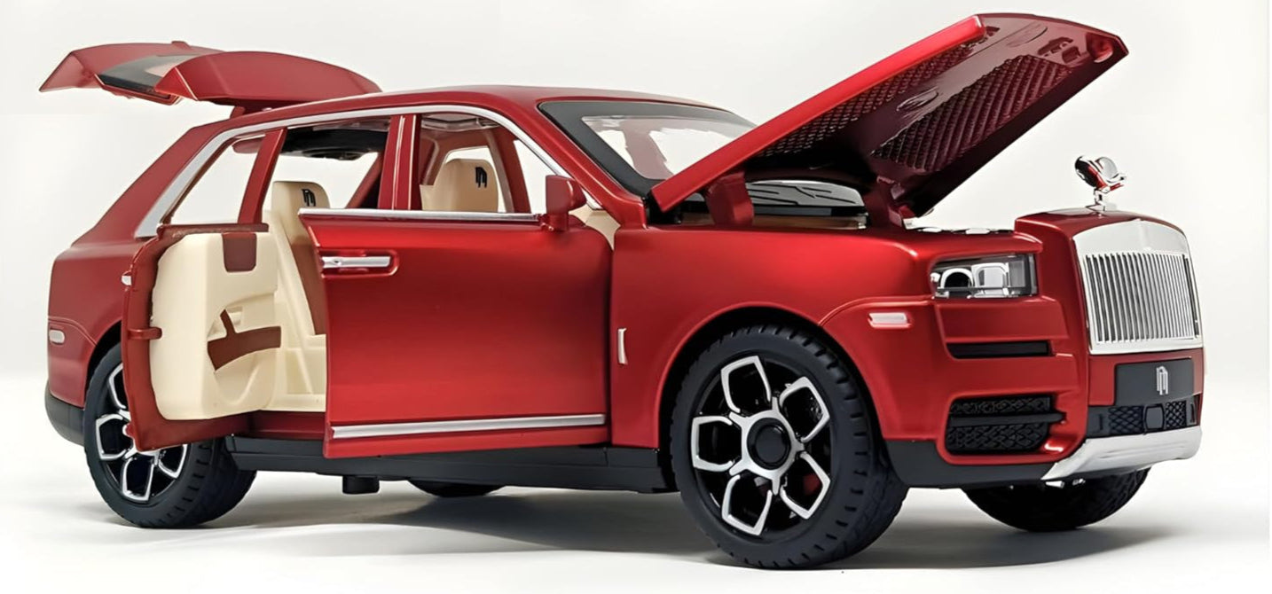Red diecast luxury car with open doors and hood on a white background