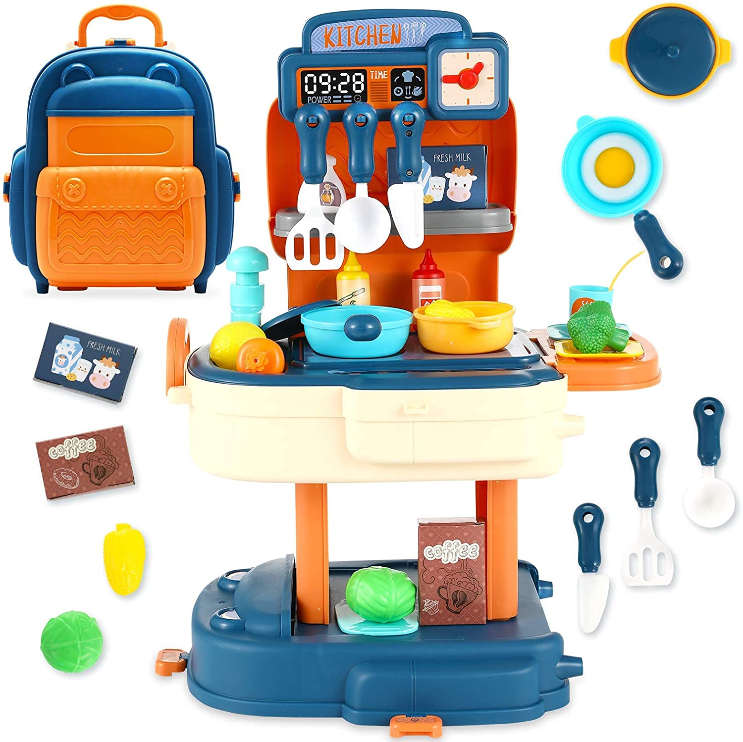 Simulation Kitchen Set with Tableware and Utensils for Pretend Play Cooking and Dining.
