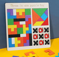 Three-in-one puzzle toy with colorful geometric shapes and tic-tac-toe grid on a blue and yellow background.