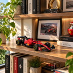 A red and black Ferrari F1 toy car model is displayed on a wooden bookshelf next to books, a framed race photo, and decorative items in a bright, modern room setting.