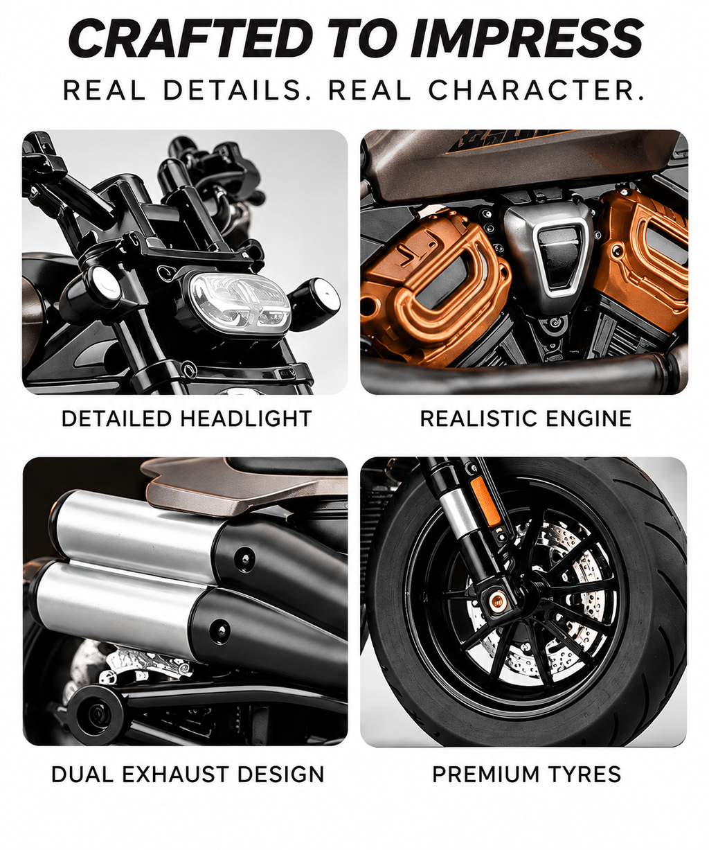 A promotional collage for a motorcycle with four inset detail photos and text labels: detailed headlight, realistic engine, dual exhaust design, and premium tyres. Large headline text at the top reads 'CRAFTED TO IMPRESS' and 'REAL DETAILS.
