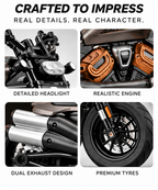 A promotional collage for a motorcycle with four inset detail photos and text labels: detailed headlight, realistic engine, dual exhaust design, and premium tyres. Large headline text at the top reads 'CRAFTED TO IMPRESS' and 'REAL DETAILS.