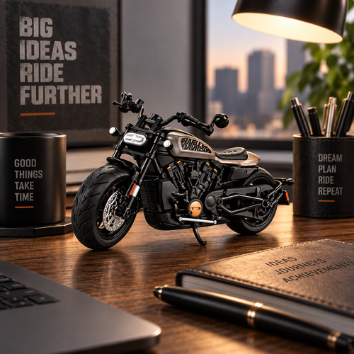 A miniature black and gold Harley-Davidson-style cruiser motorcycle model displayed on a wooden desk in a styled office setting with pens, mugs, a laptop, and a cityscape window in the background.Diecast metal alloy motorcycle model with working kickstand