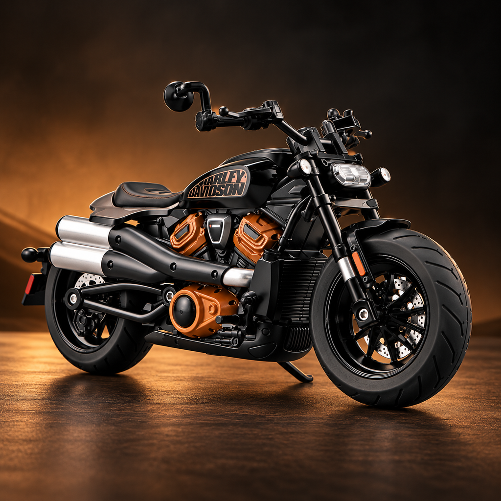 detailed rubber tires and steerable front wheel cruiser motorcycle miniature