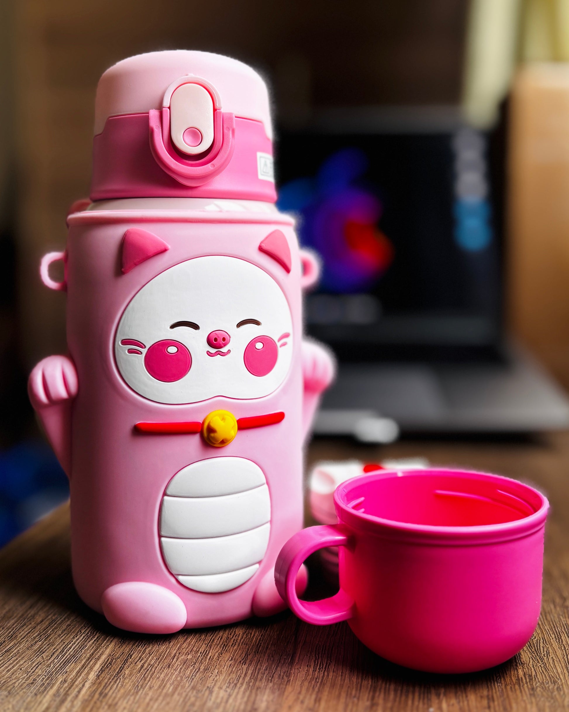 Pink cat cartoon-style insulated water bottle and cup 