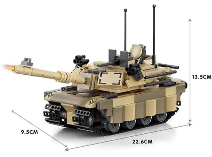 Toy tank model with detailed features and measurements on a white background