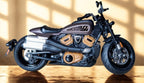 Diecast Harley-Davidson motorcycle model on a wooden floor with sunlight casting shadows.