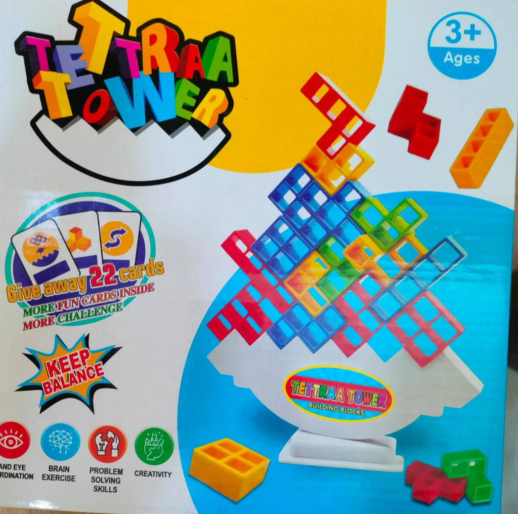 Tetra Tower Game 32 Pcs (4 Different Shapes) Stack Tower Blocks with 22 Cards